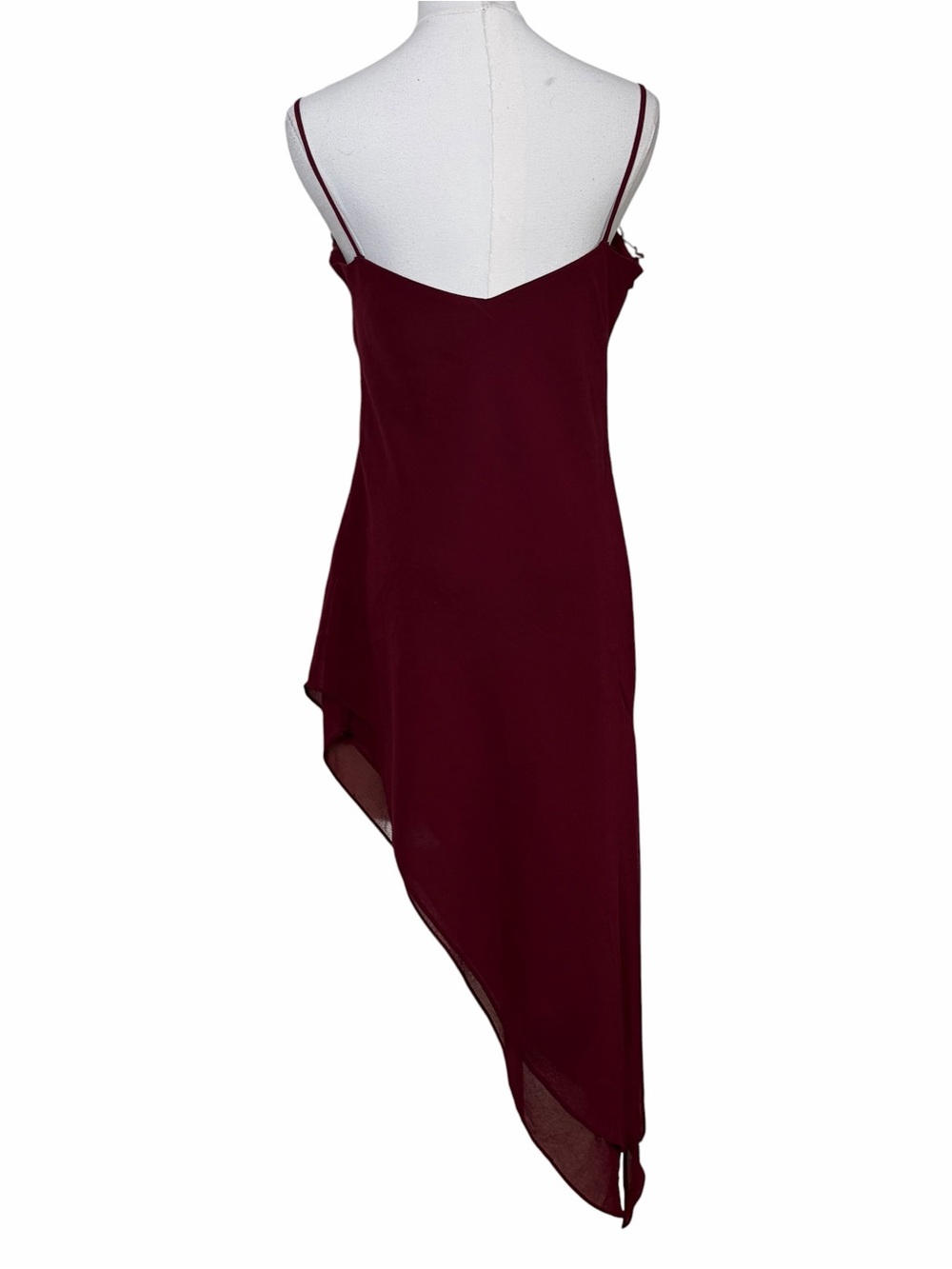 Vintage Y2K Burgundy Floral Beaded Lace Trim Strappy Maxi Dress Asymmetrical Hem - Picture 7 of 8